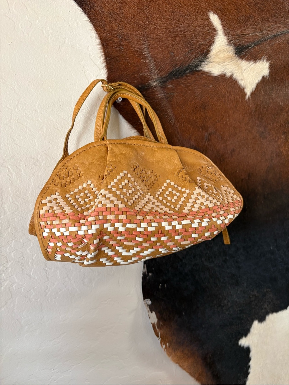 Isabella Fiore Woven Accent Satchel in Tan with Coral and Cream Detailing - Picture 2 of 6
